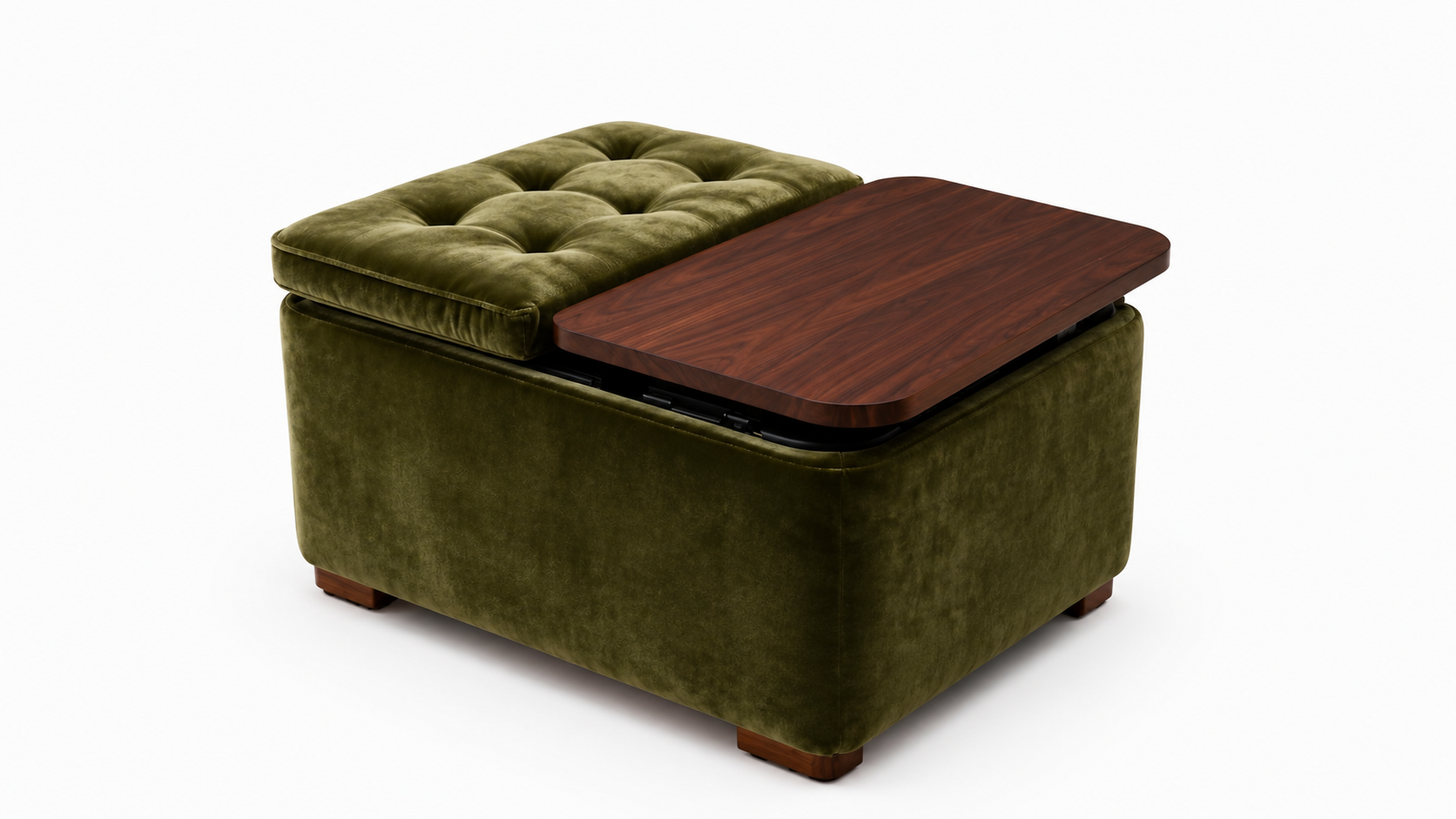 The Doublé — an olive green velvet ottoman with a button-tufted cushion and dark wood rotating top