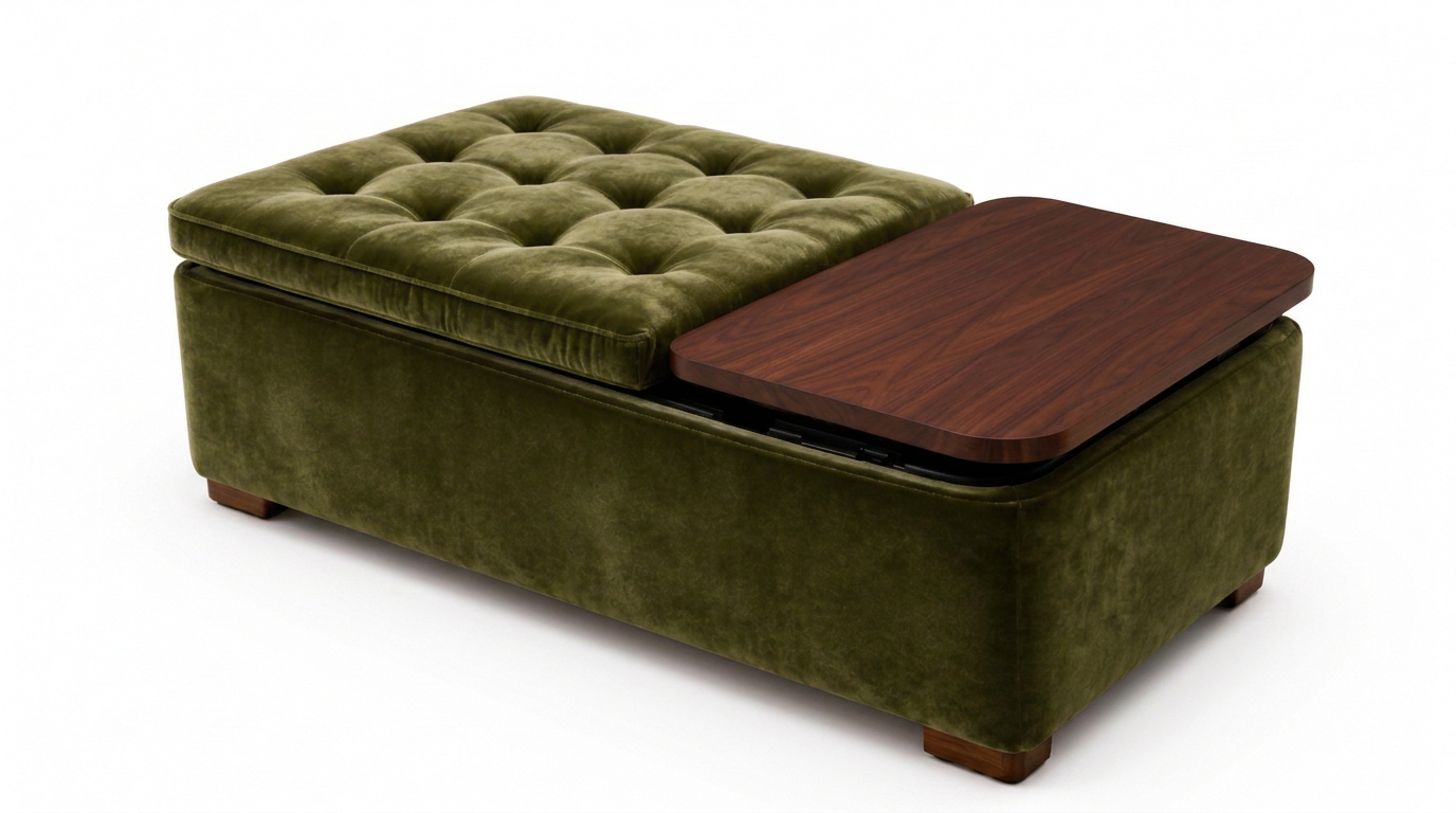 The Doublé — an olive green velvet ottoman with a button-tufted cushion and dark wood rotating top