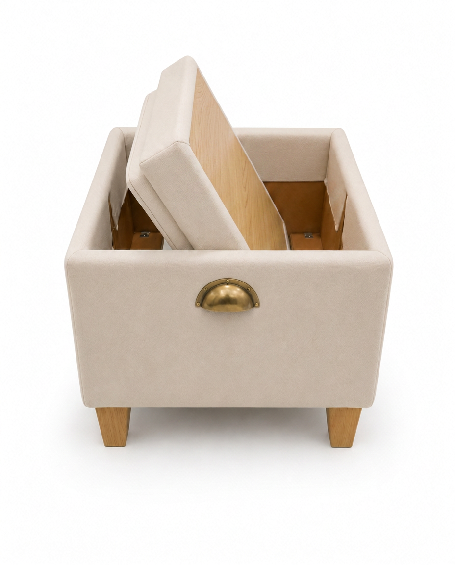 A Pappa Pouffe footstool mid-flip, showing the rotating top and its brass cup-pull handle