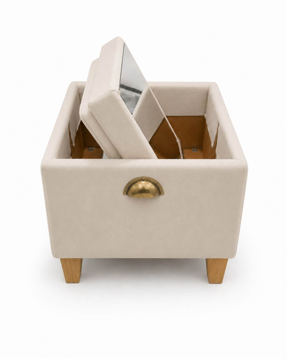 A Pappa Pouffe footstool mid-flip, showing the rotating top mechanism with brass handle