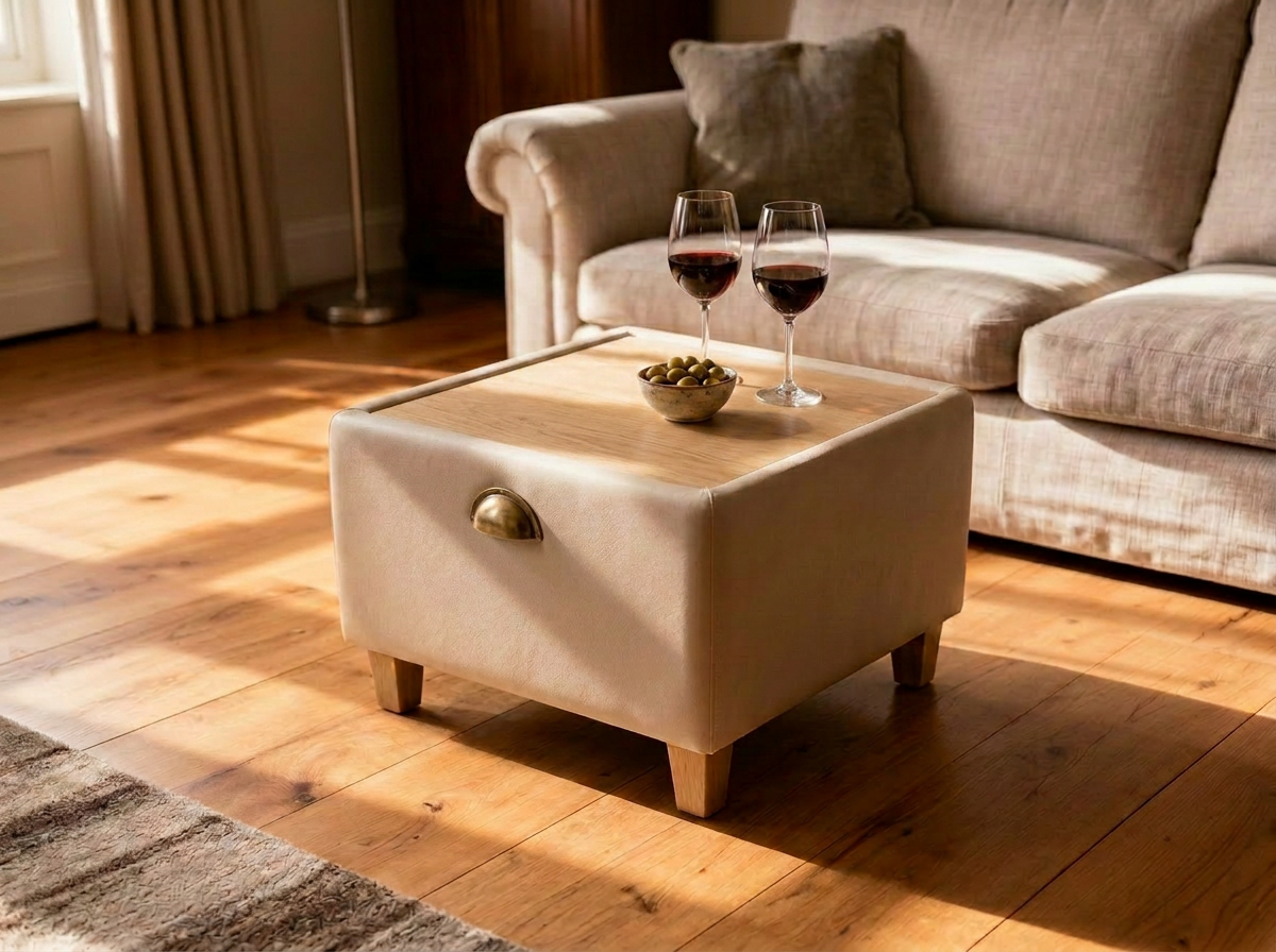 The same footstool flipped to its solid tabletop side, holding two glasses of wine and a bowl of olives