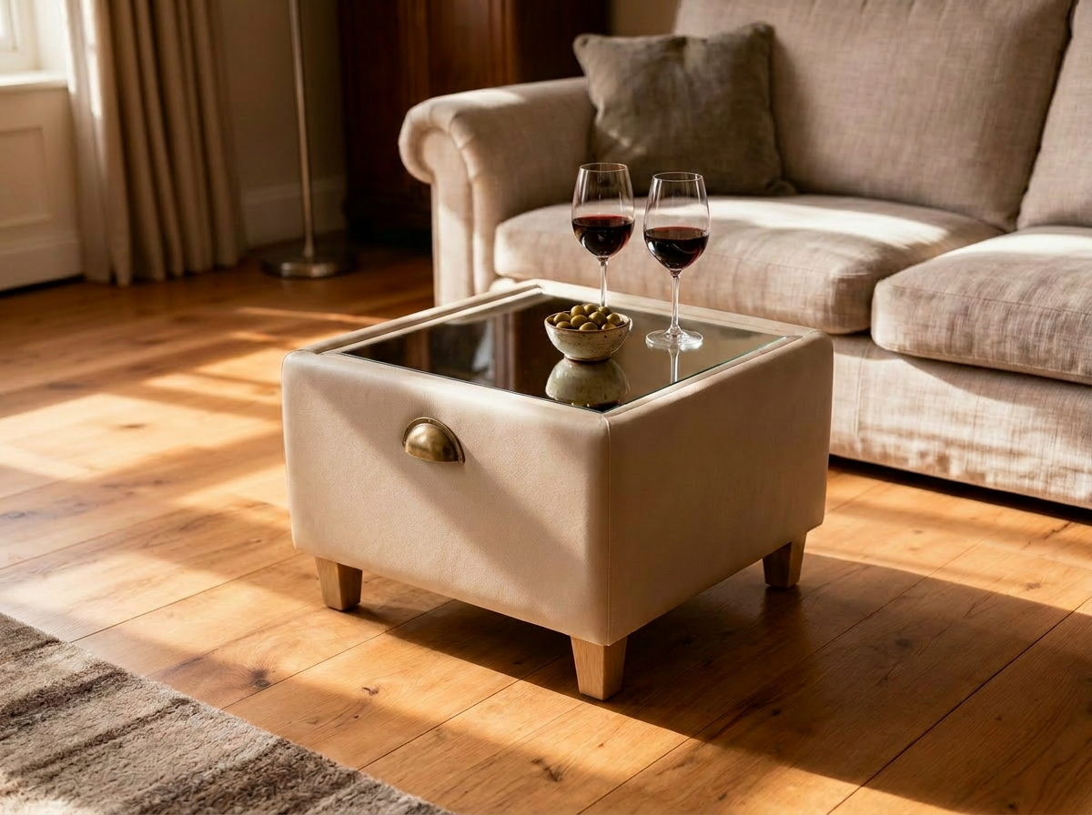 The same Pappa Pouffe flipped to its mirrored tabletop, with two glasses of red wine and a bowl of olives