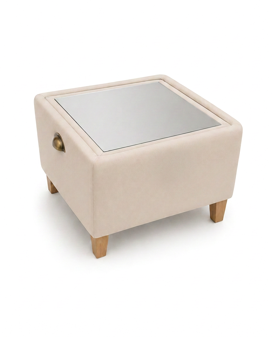 The PP Original — a square tufted footstool in clay linen with a dark oak rotating top